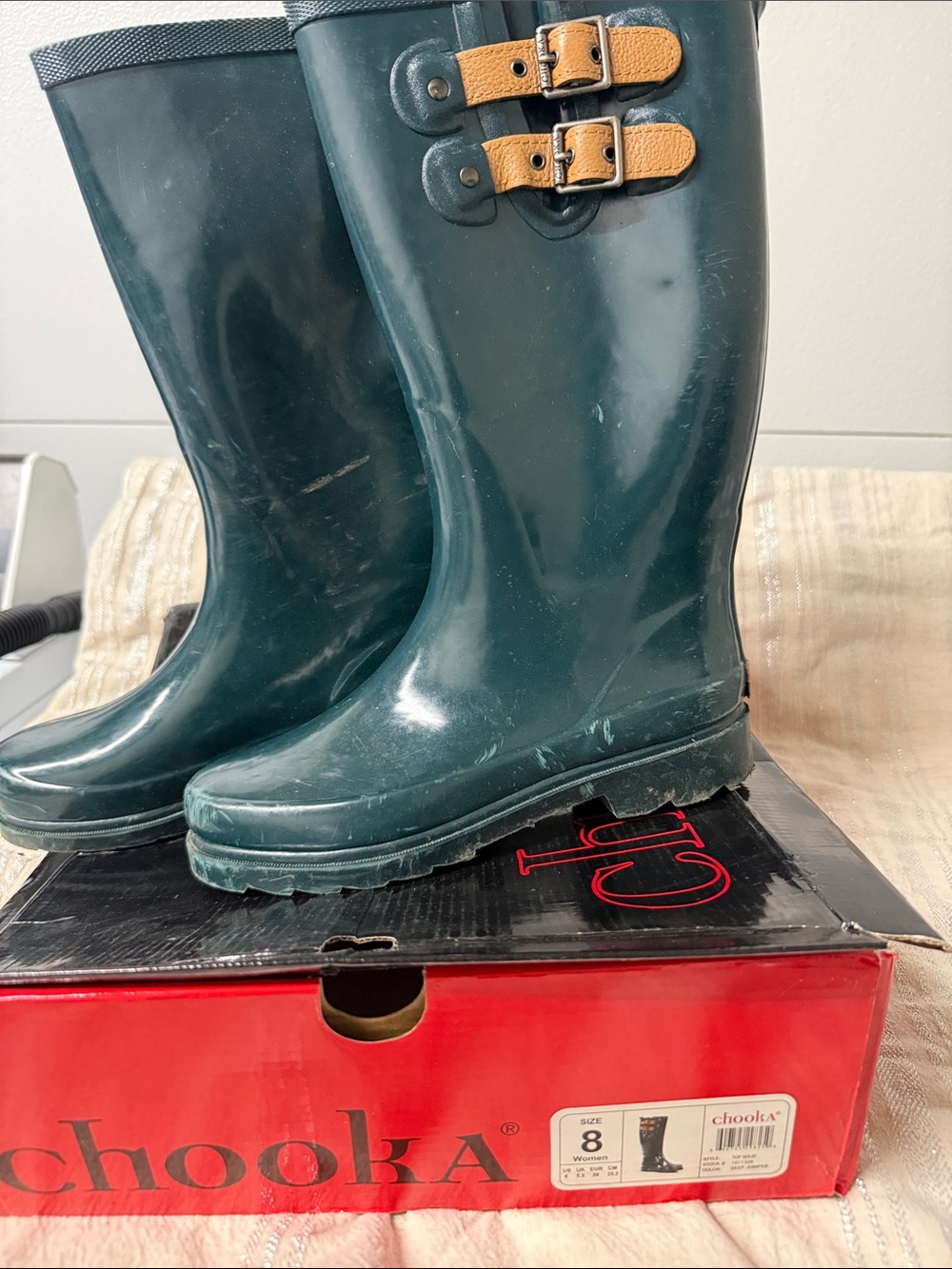 Chooka Dark TEAL Kids Rain Boots with Tan Buckle Straps